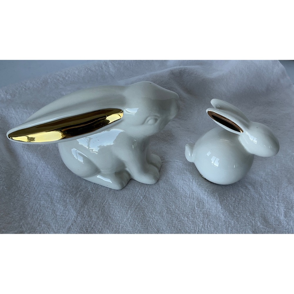 Transpac Ceramic Bunny Figurine Set Gold Ear White‎ Glazed Easter Decor Small